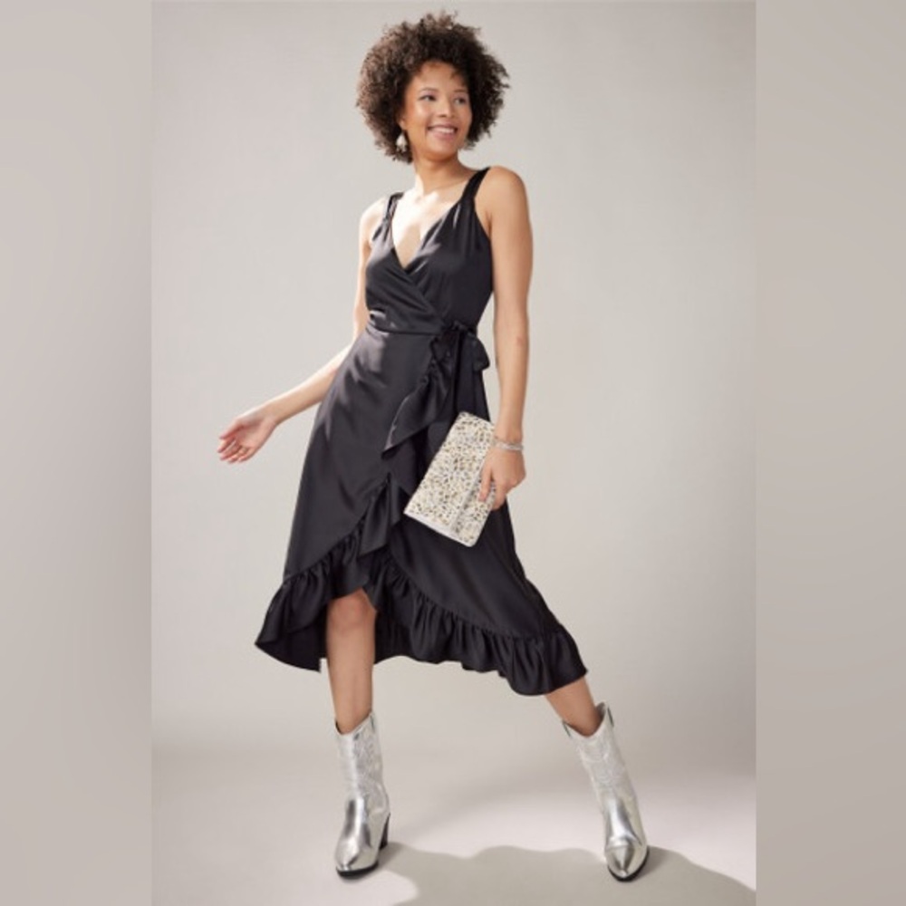 Francesca’s Audrey Satin Ruffle Wrap Midi Dress - Picture 2 of 14